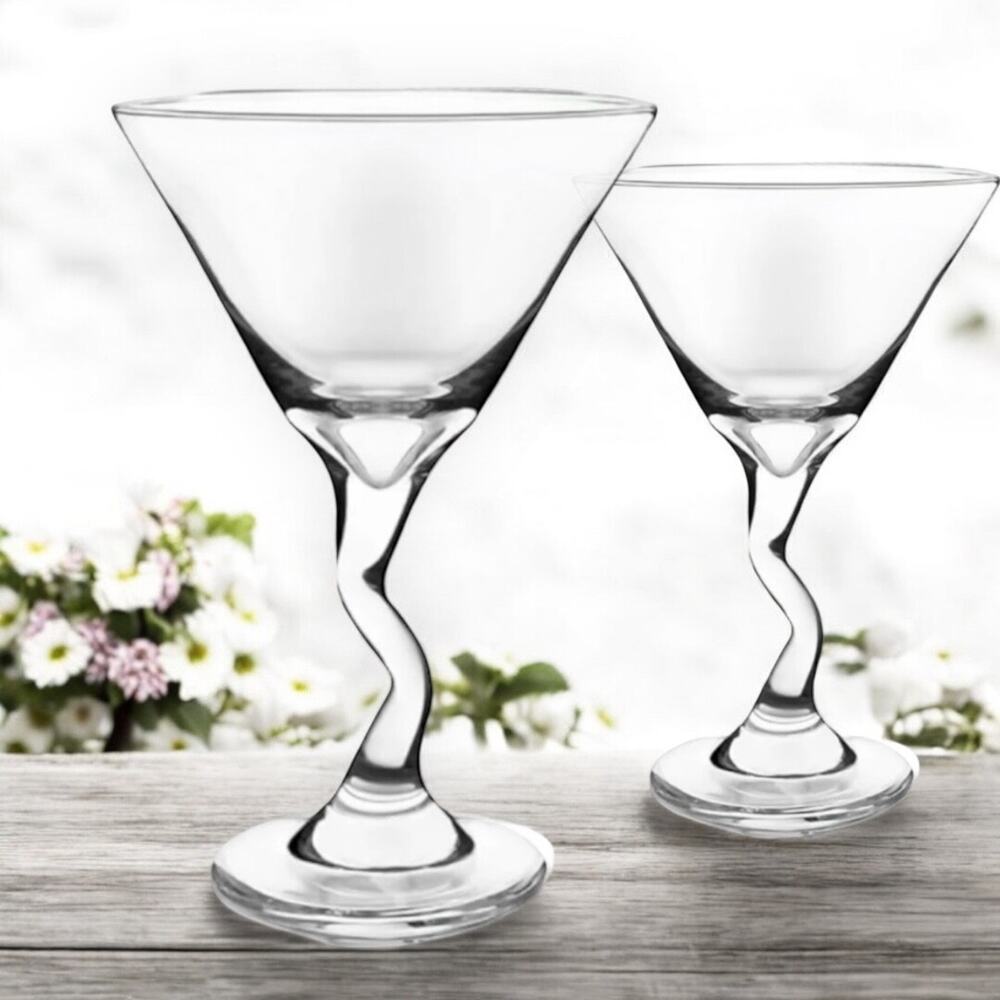 Set of  2 Libbey Z-Stem Zig Zag Bent Martini Glasses Clear